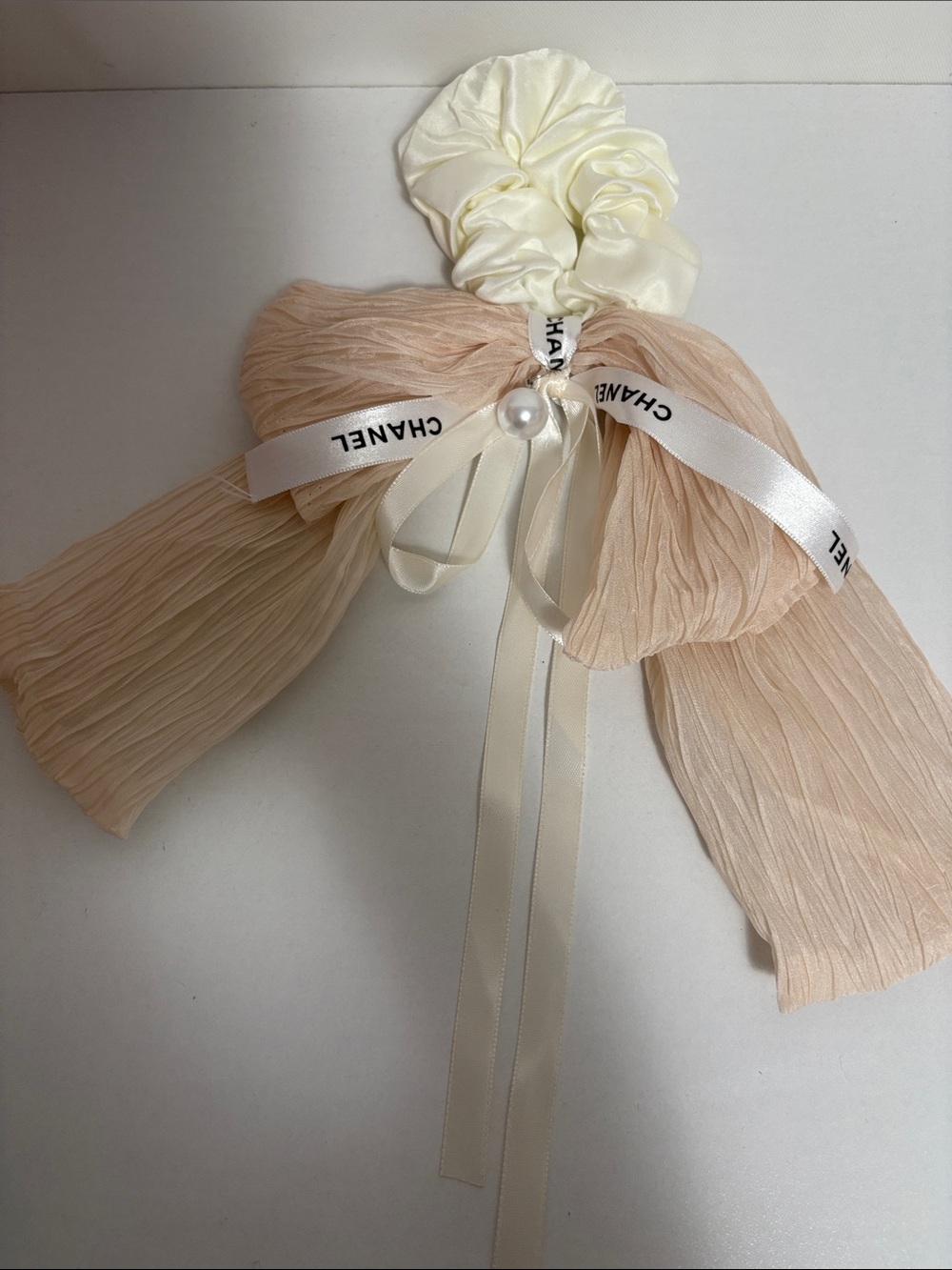 CHANEL Ribbon Cream and Blush Bow Ribbon Hair Scrunchie